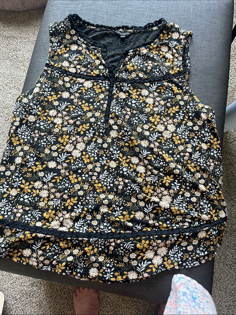 Lucky Brand Black Floral Crochet-Trim Top